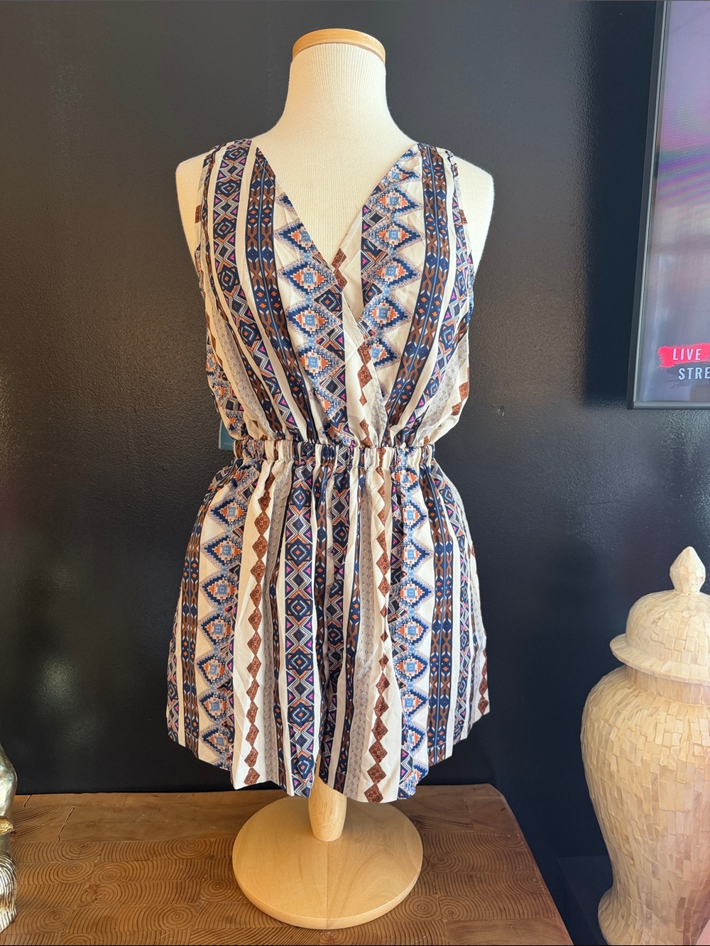 Cupshe Cream, Blue & Brown Geometric Mini Dress